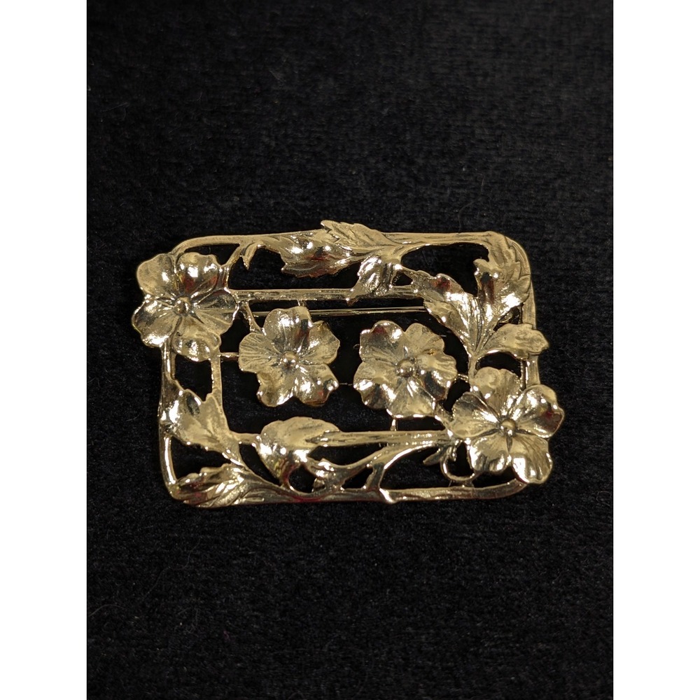 Vintage Gold Tone Floral Openwork Rectangle Brooch‎ Victorian Style Filigree